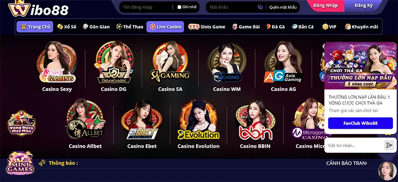 Các sảnh live casino Wibo88 đẳng cấp và chuyên nghiệp